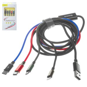 USB кабель Baseus Rapid Series, USB тип C, USB тип A, micro USB тип B, Lightning, 120 см, 3,5 А, черный, передача данных только на Lightning, в нейлоновой оплетке, 4 в 1, #CA1T4 B01