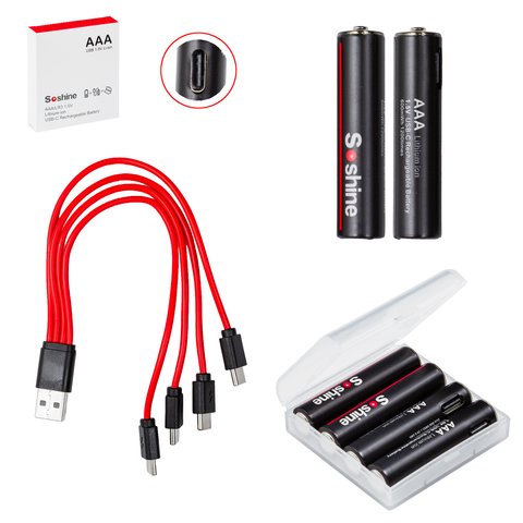 Акумулятор AAA Soshine AAA HR03, 1,5 B, Li ion, 4 шт., в боксі, з кабелем, 600mWh , заряджається від USB Type C