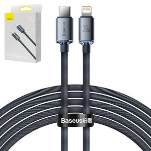 USB кабель Baseus Crystal Shine Series, USB тип C, Lightning, 200 см, 20 Вт, чорний, в нейлоновому обплетенні, #CAJY000301