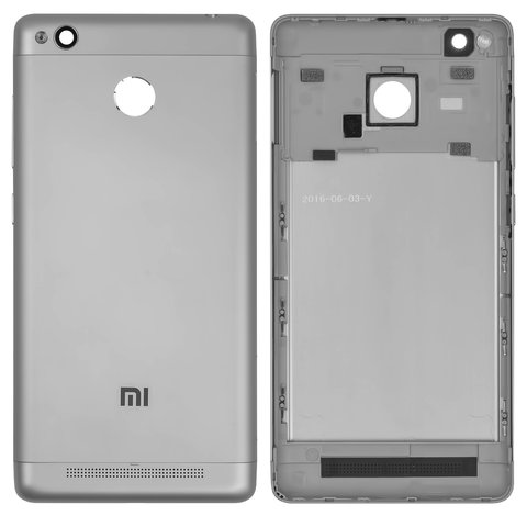 Housing Back Cover compatible with Xiaomi Redmi 3S, gray, black, with side button, 2016031 