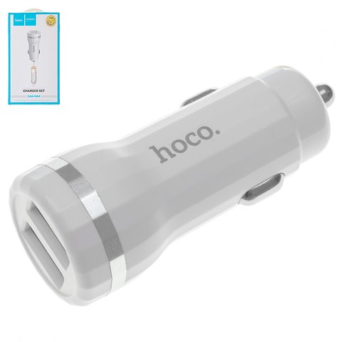 Автомобільний зарядний пристрій Hoco Z27, 12 В, 2 USB виходи 5В 2,4А , біле, з кабелем Lightning для Apple