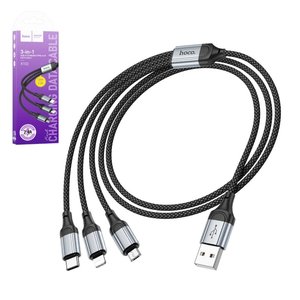 USB кабель Hoco X102, USB тип C, USB тип A, micro USB тип B, Lightning, 100 см, 2,4 А, чорний, в нейлоновому обплетенні, 3 в 1, #5942007608794