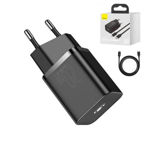 Сетевое зарядное устройство Baseus Super Si, Quick Charge, 220 В, черное, USB тип C, c кабелем USB тип C к Lightning для Apple, 20 Вт, #TZCCSUP B01
